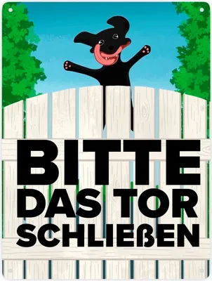 Produktbild von Bitte das Tor schließen Metallschild XXL in 28x38 cm mit lustigem schwarzem Hund