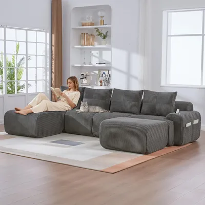 Produktbild von Modulares Cordsofa 4-Sitzer 2 Hocker Getränkehalter Seitentasche Dunkelgrau 333x174x80cm