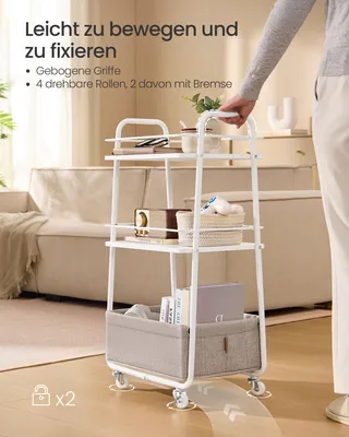 Produktbild von VASAGLE Beistellwagen, Rollwagen mit Korb, Rollen mit Bremse Wohnzimmer, weiß