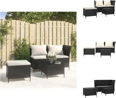 Productafbeelding van vidaXL 3-delige loungeset voor de tuin met kussens, zwart, polyrotan - Tuinmeubelsets