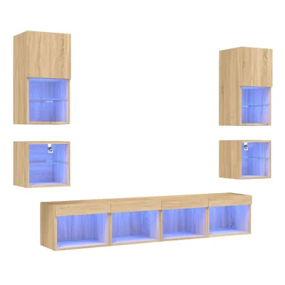 Immagine prodotto di parete attrezzata a 8 pezzi con illuminazione a LED Materiale in legno rovere Sonoma