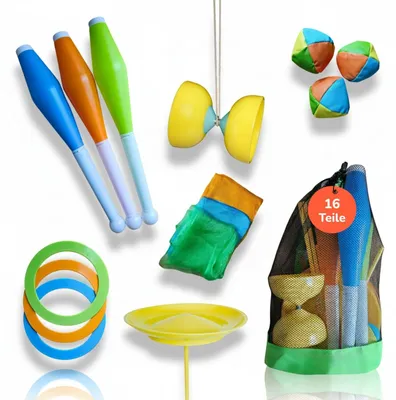 Produktbild von Jonglier-Set für Kinder - 16-teiliges Zirkus-Set mit Jonglierbällen, Diabolo & mehr im Netzrucksack, KI-generiertes Bild