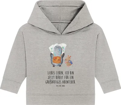 Produktbild von Mr. & Mrs. Panda Organic Baby Hoodie Pinguin & Maus Wanderer 12. - 18. Monat - Heather Grey - Geschenk, Kapuzensweatshirt, Abenteuer, Kapuzenshirt, Wandern