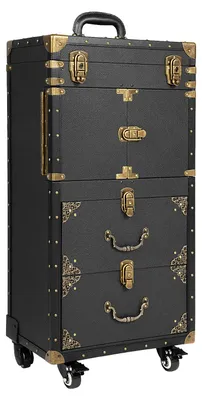 Produktbild von Schminkkoffer mit Rollen - Salon Rollwagen Organizer - 4 Räder - 3 Ablagen - Haartrocknerhalter - Tragkraft 25 kg - 39 x 25,5 x 82 cm - Schwarz