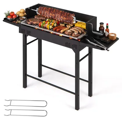 Immagine prodotto di Barbecue a carbone COSTWAY, ideale per campeggio, con griglia regolabile in altezza, superficie di cottura di 73x34 cm, 2 ripiani, spiedo rotante e 2 sollevatori per la griglia. Carrello per barbecue da esterno