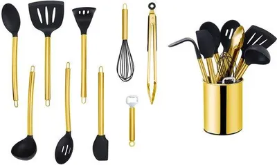 Image de Ensemble de 10 ustensiles de cuisine Unyqoos® avec embouts en silicone et manches en acier inoxydable, comprenant un support pour ustensiles : spatule, cuillère de cuisine, fouet, louche à soupe, pince