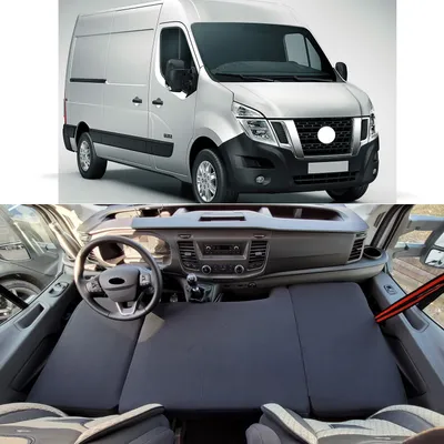 A collage showing the exterior of a silver Nissan NV400 van and the interior of the van with a bed set up.
