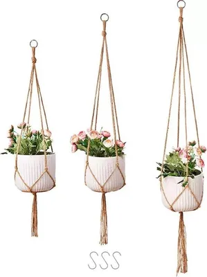 Produktbild von Famanu Set von 3 Makramee-Blumentopf-Hängern 90/105/120 cm - Katoonpflanzenhänger mit Metallhaken für Boho-Dekoration
