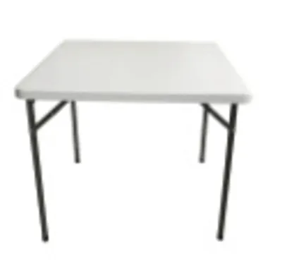 A white folding table with black legs on a white background.