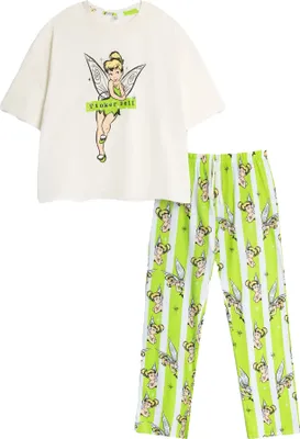 Produktbild von Tinkerbell - Schlafanzug mit langer Hose für Damen, kurzärmlig NS9298 (L) (Weiß/Grün)
