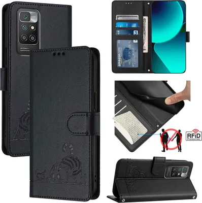 Produktbild von Leder Hülle für Xiaomi Redmi 10 Süße Katze Flip Case Brieftasche Schutzhülle mit Standfunktion Schwarz