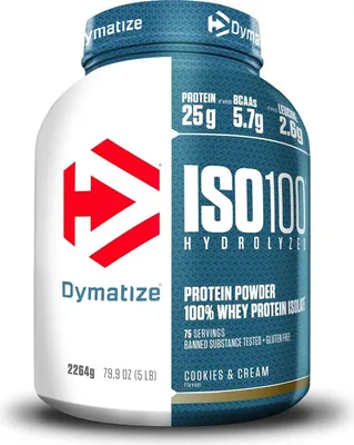 Produktbild von Dymatize ISO100 Hydrolyzed, Pulver, Hydrolisiertes Molkenprotein, Molkenprotein isoliert, Cookies & Cream, L-Alanin, L-Arginin, L-Asparaginsäure, L-Cystein, L-Glutaminsäure, L-Glycin, L-Histidin,..., Hydrolysiertes Molkenproteinisolat (Milch) (50%), Molkenproteinisolat (Milch) (46%), Emulgator..., 1- 2 Portionen pro Tag. Genieße das Produkt vor dem Training, nach dem Training oder jederzeit,...