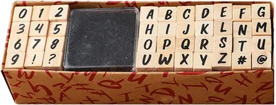 Produktbild von Stempelset 40 Buchstaben, Zahlen und Symbole, Holz, mit Stempelkissen, für Scrapbooking