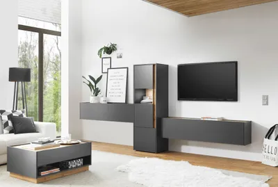 Produktbild von Wohnwand Set im modernen Design CRISP-61 in anthrazit mit Absetzungen in Wotan Eiche Nb., B/H/T: ca. 350/155/40 cm