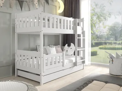 Produktbild von Masseno Etagenbett LUCIA 80x160 cm mit Schublade, Rausfallschutz, Kinderbett mit Leiter für Mädchen und Jungs, Stockbett 2 Kinder, Holz, Weiß