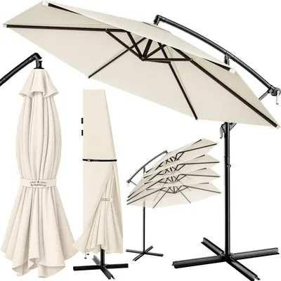 Produktbild von KINGSLEEVE® Sonnenschirm UV Schutz 80+ Ø 300cm Groß mit Ständer Schutzhülle Windsicherung Windfest Neigbar Rund Kurbel Garten Balkon Ampelschirm Creme