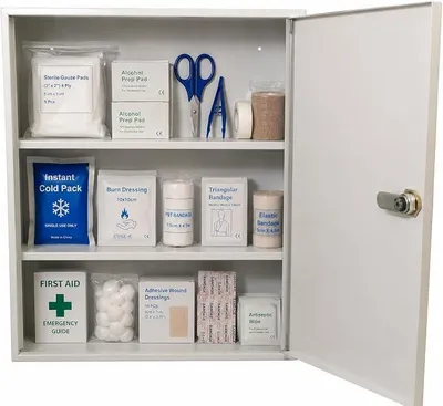 Productafbeelding van Medicijnkast, apothekerskast van staalplaat, met 2 legplanken, afsluitbaar, huisapotheek inclusief 2 sleutels, medicijnkast, EHBO-kast met metalen deuren, 14 x 35 x 42 cm