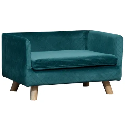 Produktbild von PawHut Hundeschlafsofa für Hunde, skandinavisches Design, weiches Kissen, Beine aus Massivholz, Größe 64 x 45 x 36 cm, entenblauer Samt