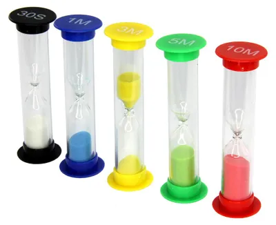 Produktbild von Sanduhren Set 5 Stück, ø 25 x 90 mm, Zeitintervalle 30 Sek, 1 Min, 3 Min, 5 Min, 10 Min