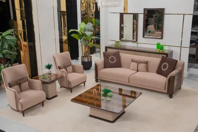 Zdjęcie produktu dla Beżowy zestaw do salonu: sofa 3-osobowa, 2 fotele, drewniany stolik kawowy