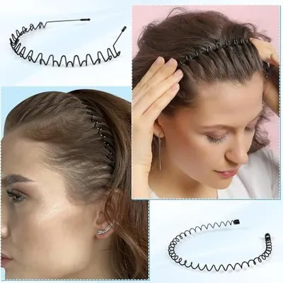 Produktbild von 6 schwarze Metall-Haarreifen für Damen und Herren im Set, Wellen- und Zickzack-Haarreifen, elastisches rutschfestes Stirnband für Sport und Alltag