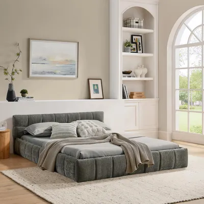 Produktbild von Polsterbett 140x200 cm Chenille Bettgestell mit Kopfteil Dunkelgrau - Stabiler Eisenrahmen & Eukalyptusholz - Geräuschloses Doppelbett belastbar bis 300kg - Ohne Matratze