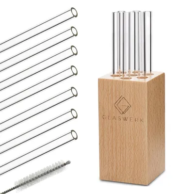 Image de GLASWERK Paille en verre Set de 7 (15cm) Paille Brosse de nettoyage & Support en bois, Paille en verre, Pailles cocktail, Pailles en verre lavables au lave-vaisselle, Pailles en verre, Pailles réutilisables