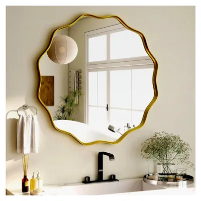 Produktbild von Runder Spiegel mit gewelltem Rand, 60 cm, Wandspiegel mit strukturiertem Metallrahmen, zum Aufhängen oder Anlehnen, für Badezimmer, Eingangsbereich, Wohnzimmer, Gold