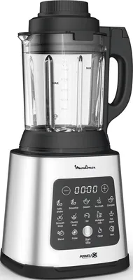 A stand mixer with a transparent jug and a digital control panel.