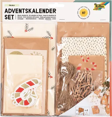 Produktbild von folia 9383 - Adventskalender-Set "Falala", 97-teiliges DIY Bastel-Set zur Gestaltung eines individuellen Adventskalenders mit eleganten Geschenk-Tüten