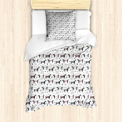 Produktbild von ABAKUHAUS Hund Bettbezug Set, Hand gezeichnete Dachshund-Schattenbilder auf Monochrom punktierten Hintergrund-Kindertagesstätten-Bild, 135 x 200 cm + 80 x 80 cm, Mehrfarbig