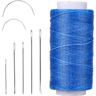 Produktbild von Leder Nähgarn Set 150D Wachsfaden 150m Blau mit 7 Ledernähnadeln