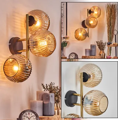 Produktbild von Villamare Wandlampe aus Metall/Riffelglas in Schwarz/Gold-/Bernsteinfarben