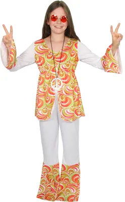 A young person wearing a hippie costume.