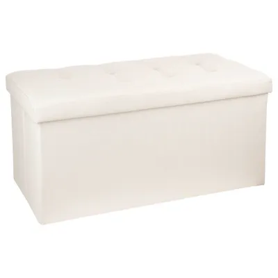 A beige storage ottoman is shown against a white background.