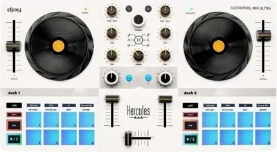 A top-down view of a white DJ controller with black turntables and various knobs and buttons.