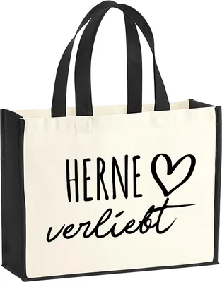 Produktbild von Huuraa Jutetasche Herne verliebt 21 Liter Black Jute und Baumwolle Einkaufstasche Geschenkidee