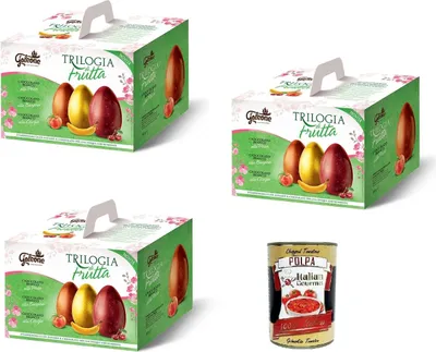 Produktbild von Il Galeone Trilogia di Frutta Fruchttrilogie, Drei Eier aus reiner weißer Schokolade in den Geschmacksrichtungen Pfirsich, Banane und Kirsche 3 x 540 g (180 g x 3)+ Italian Gourmet polpa 400g