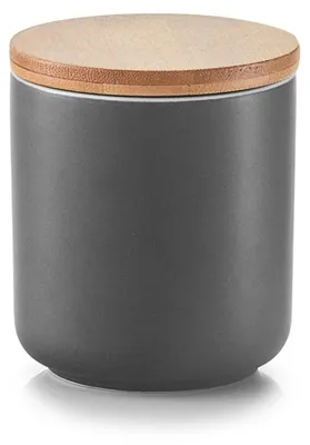 A close-up studio shot of a gray ceramic jar with a bamboo lid.