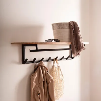 Zdjęcie produktu dla FineBuy, wieszak ścienny z litego drewna akacjowego, 100 cm, z półką - panel wieszakowy z półką na kapelusze - listwa wieszakowa montowana na ścianę - 8 metalowych haczyków na ubrania