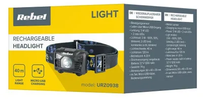 Obrázek produktu pro Čelovka REBEL URZ0938 s nabíjecí baterií 1200mAh, 3W/120lm
