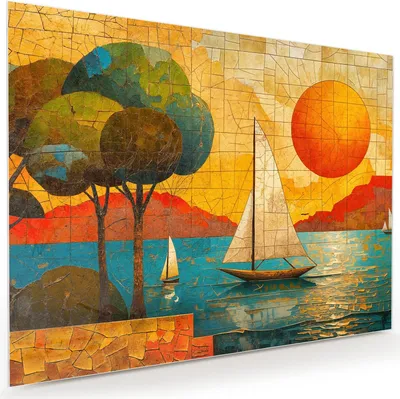 Produktbild von Glasbild 120x90cm in XXL für Wohnzimmer, Schlafzimmer Motiv Segelboot im Sonnenuntergang