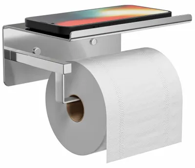 Image de Porte-papier hygiénique avec tablette, chromé – porte-papier hygiénique autocollant, aucun perçage nécessaire, porte-papier hygiénique de salle de bains, acier inoxydable, argent