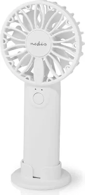 A white portable fan with a stand.