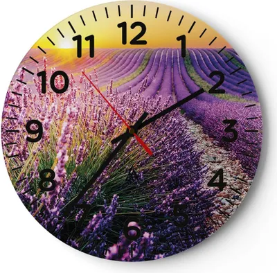 Produktbild von Wanduhr - Rund - Glasuhr - Feld Lavendel Sonne - 30x30cm - Schleichendes Uhrwerk - Lautlos - zum Aufhängen bereit - Dekoration Modern - Wanddekoration aus Glas - C4AR30x30-4703