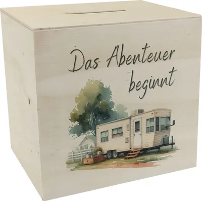 Produktbild von Abenteuer Wohnwagen Spardose aus Holz mit Spruch Das Abenteuer beginnt