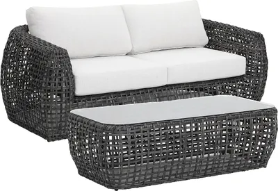 Produktbild von Gartenmöbelset aus Polyrattan: ein 2-Sitzer Gartensofa und 1 Couchtisch - Anthrazit mit weißen Kissen - VEYRO von MYLIA