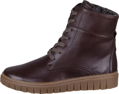 A single brown leather boot is shown against a white background.
