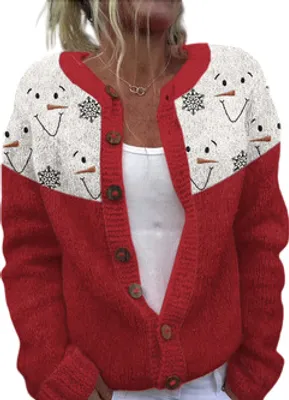 Produktbild von ASKSA Damen Weihnachts Strickjacke Weihnachtsjacke Weihnachten Cardigan Reindeer Weihnachtsmann Weihnachtspullover Sweat,B-Rot,XXL