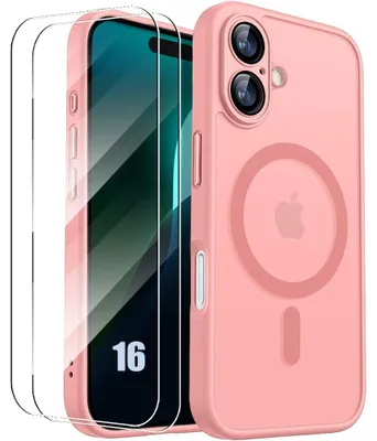 Image de Coque + 2 Verres Trempés pour iPhone 16, Protection avec Cercle Magnétique et Film Caméra Intégré - Rose